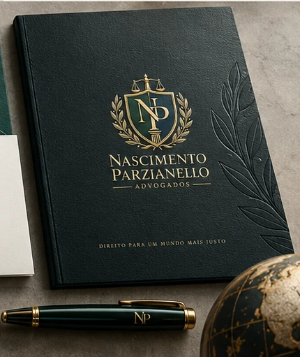 Caderno institucional Nascimento Parzianello com brasão dourado e acabamento azul-petróleo