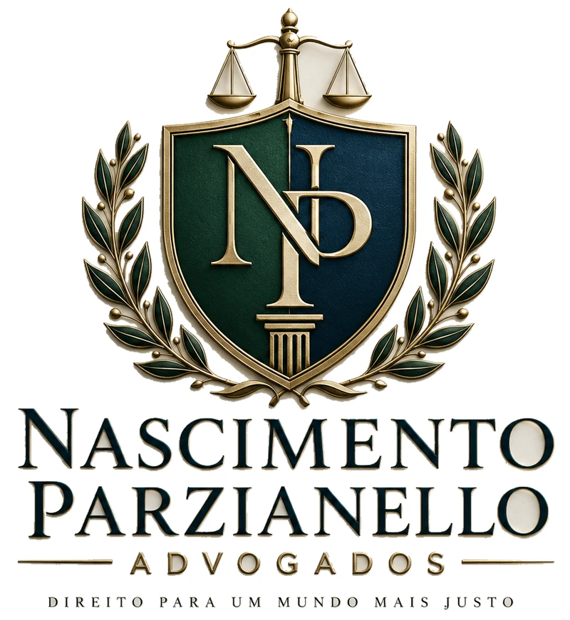 Logotipo Nascimento Parzianello Advogados: brasão verde-musgo e azul-petróleo, monograma NP e detalhes dourados